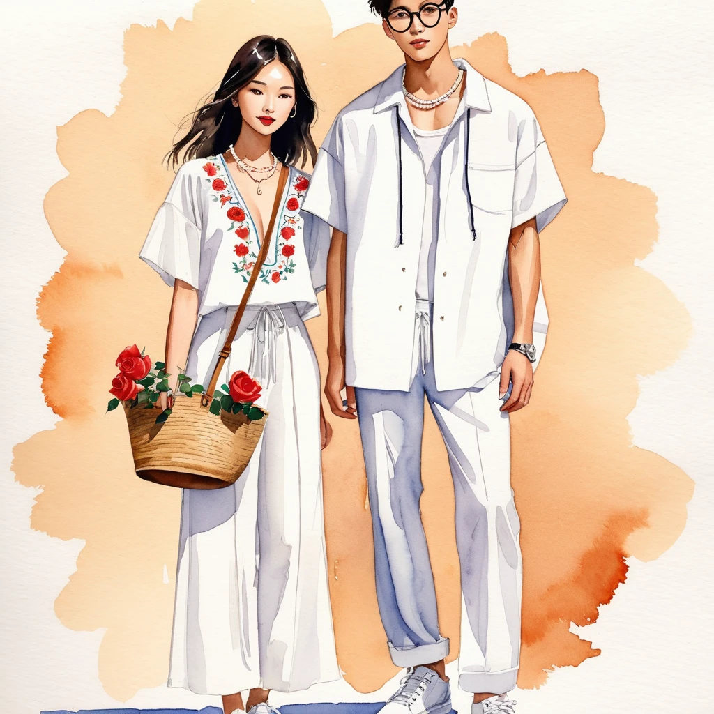 candid fashion illustration of young Asian man and woman, both aged 20 year old, ((showcase fashion look book in a White rayon outfits)), inspired by BACKSTAGE resort collection 2023 in elegant young chic bohemian style. The man wears an oversized short-sleeved bowling white shirt with a minimal embroidery details, paired with relaxed-fit white Sports pants with Drawstring, He completes his look with white sneakers, round glasses. The woman complements him in a white Ankle-length dress in cotton woven fabric, open neckline, Smocked sections details to creating gathers effect, Her ensemble includes an accessorizes with a brimmed straw bag, pom-pom necklace and white sneakers and necklace. Captured in a low angle, ((full-body image)), ((roses water color background)), sketching, realistic drawing, ((imperfect water color drawing)), fashion look book, fashion illustrator, sketch design, Jacquemus,