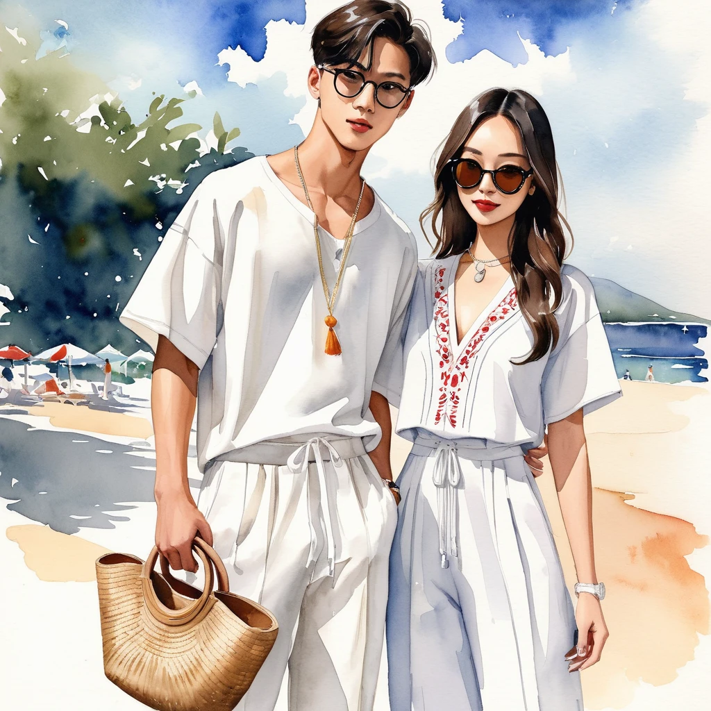 candid fashion illustration of young Asian man and woman, both aged 20 year old, ((showcase fashion look book in a White rayon outfits)), inspired by BACKSTAGE resort collection 2023 in elegant young chic bohemian style. The man wears an oversized short-sleeved bowling white shirt with a minimal embroidery details, paired with relaxed-fit white Sports pants with Drawstring, He completes his look with white sneakers, round glasses. The woman complements him in a white Ankle-length dress in cotton woven fabric, open neckline, Smocked sections details to creating gathers effect, Her ensemble includes an accessorizes with a brimmed straw bag, pom-pom necklace and white sneakers and necklace. Captured in a low angle, ((full-body image)), ((roses water color background)), sketching, realistic drawing, ((imperfect water color drawing)), fashion look book, fashion illustrator, sketch design, Jacquemus,