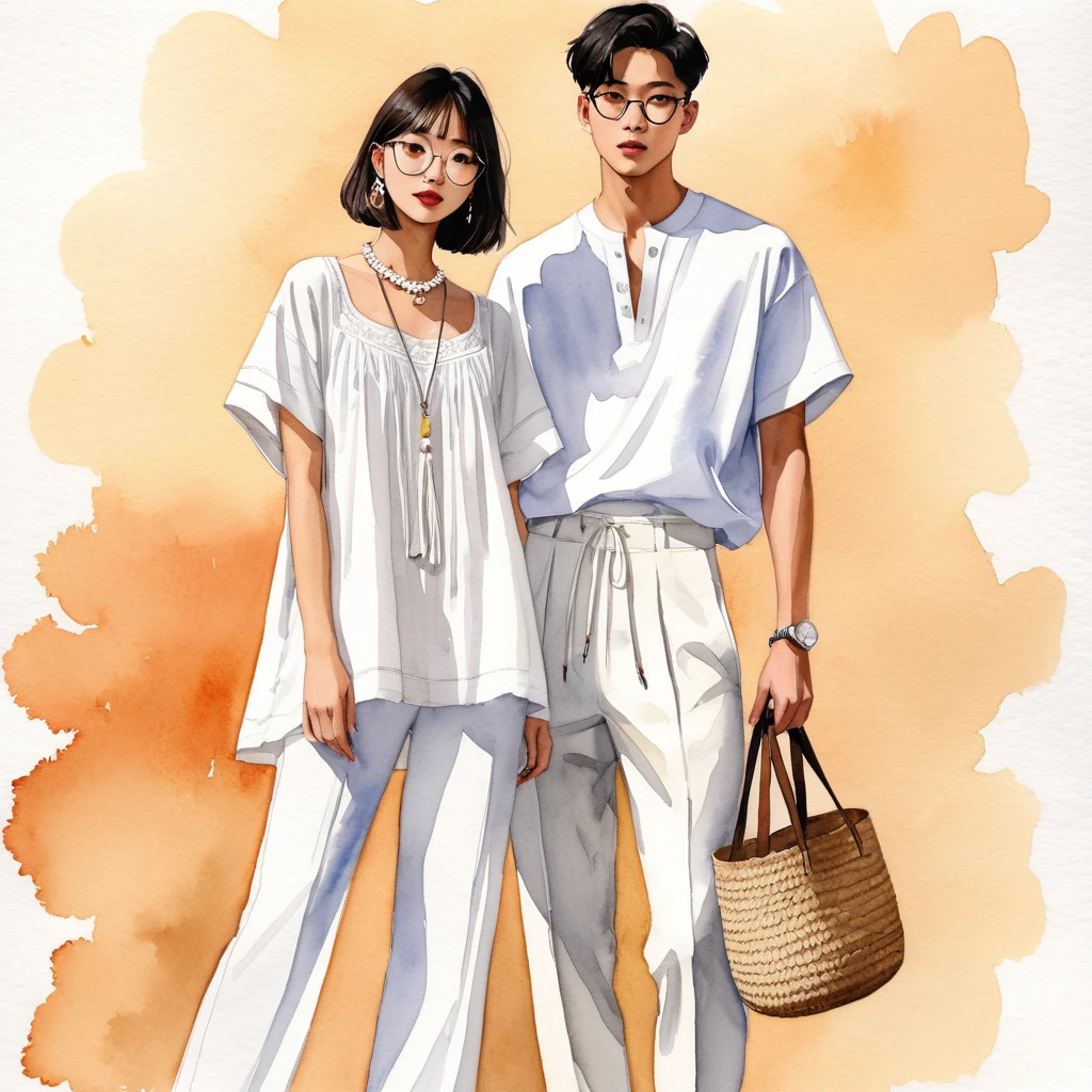 candid fashion illustration of young Asian man and woman, both aged 20 year old, ((showcase fashion look book in a White rayon outfits)), inspired by BACKSTAGE resort collection 2023 in elegant young chic bohemian style. The man wears an oversized short-sleeved bowling white shirt with a minimal embroidery details, paired with relaxed-fit white Sports pants with Drawstring, He completes his look with white sneakers, round glasses. The woman complements him in a white Ankle-length dress in cotton woven fabric, open neckline, Smocked sections details to creating gathers effect, Her ensemble includes an accessorizes with a brimmed straw bag, pom-pom necklace and white sneakers and necklace. Captured in a low angle, ((full-body image)), ((roses water color background)), sketching, realistic drawing, ((imperfect water color drawing)), fashion look book, fashion illustrator, sketch design, Jacquemus,