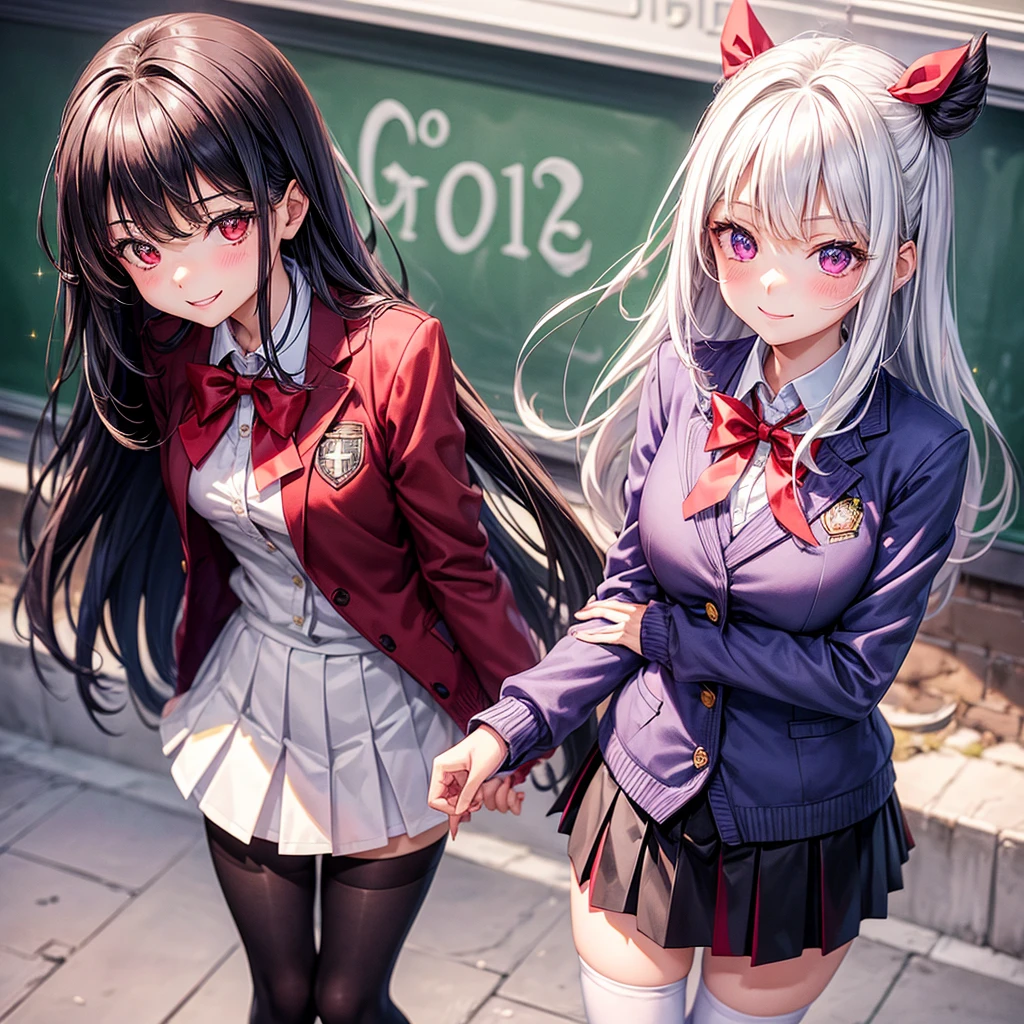 2 girl , squatting, peace sign, character focus, close to viewer,school uniform, animal hair band, (panty shot),smile , background castle ,high resolution,(incredibly absurdres), (hires.fix:1.3),anime visual,extremely detailed CG unity 8k wallpaper, ((masterpiece)), ((top-quality)), (beautiful illustration,background Tento), ((an extremely delicate and beautiful))