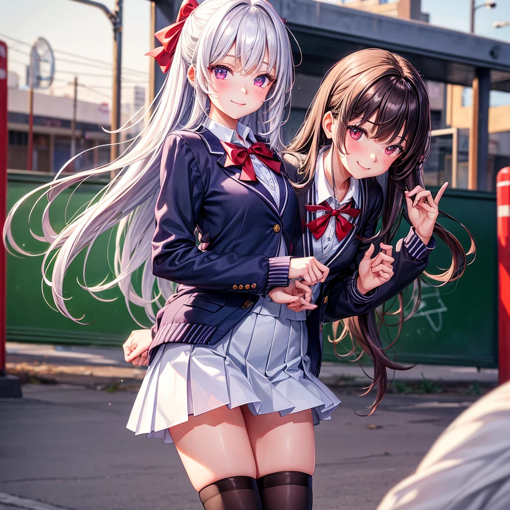 Best Quality,middle School girls,8K,smile,Red eyes,Sparkling eyes,cardigan,Long Hair,Purple Uniform,In front of the school gate, front of the blackboard,beautiful girl,blazer,Beautiful girls,Absurd,Naughty Girls,Angel,perfection,White mini skirt,tights,Horny girl,Red ribbon