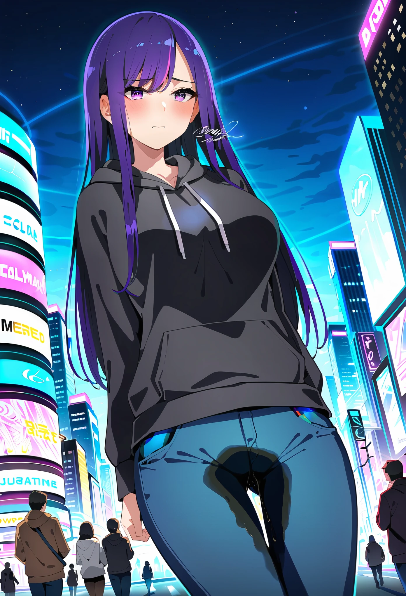 (masterpiece:1.37), best quality, (extremely detailed:1.37), woman, (mature:1.5), (adult:1.5), large breasts, very long hair, (straight hair:1.5), dark purple hair, purple eyes, (extremely detailed eyes:1.37), hoodie, jeans, desperation, wetting self, standing, embarrassed, humiliation, blushing, angry, city, futuristic, neon lighting, high-tech, street