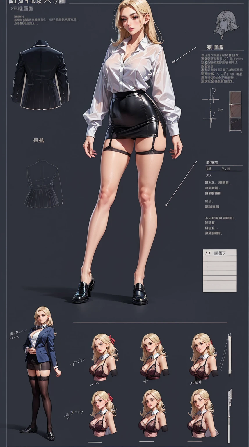 girl, alone, whole body, From head to toe, Are standing, (Huge_chest:1.3),

Character design sheet, Character Reference Sheet, 設計図のSchematic, Drafting, Blueprint, Schematic,
((Character design sheet:1.7, Character Reference Sheet:1.7,)),

anime/cartoon character wearing a girls , 1girl, alone, ,Mature Woman,chestの谷間,Long sleeve,Collared shirt,White shirt,Pencil Skirt,Skirt Suit,mini skirt,office lady,Long Hair, bow, , shoes, loafers, ribbon, (Very short skirt:1.4), (lingerie:1.5),