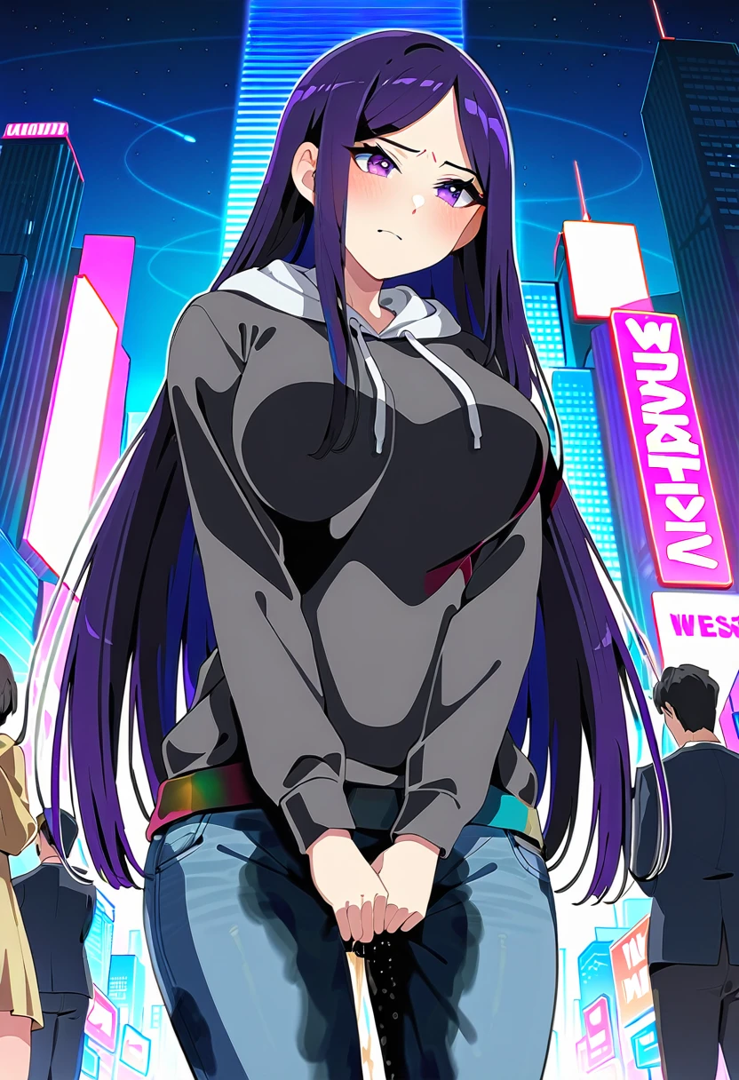 (masterpiece:1.37), best quality, (extremely detailed:1.37), woman, (mature:1.5), (adult:1.5), large breasts, very long hair, (straight hair:1.5), dark purple hair, purple eyes, (extremely detailed eyes:1.37), hoodie, jeans, desperation, (wetting self:1.5), standing, embarrassed, humiliation, blushing, angry, city, futuristic, neon lighting, high-tech, street