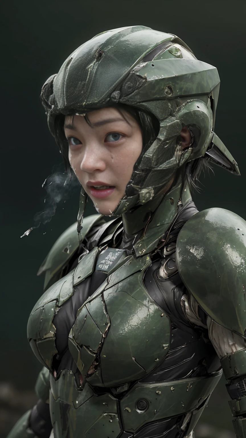 , Advanced Details, high quality, 最high quality, High resolution, 1080P 、Bleeding from the wound、Sexy Eyes、Wearing green and black、cute((The whole body is sweating))(Equipped with a damaged battle suit....)(Dark green armor)(Broken Armor)Black Hair、Chiquita、short hair、Open your mouth、Crying expression、It hurts again、Healthy Skin、20-year-old female　defeat　(Steam coming out of the face) ((Steam from the body)) 　Unable to fight　Severe attacks　((Sinking to the ground)) Ground cracking　Headgear is broken.　)) flying debris　bare hands　Armor Stripping　Sweaty Head　Sweaty face　Sweat flying　Headgear explodes　(Does not expose skin at all)