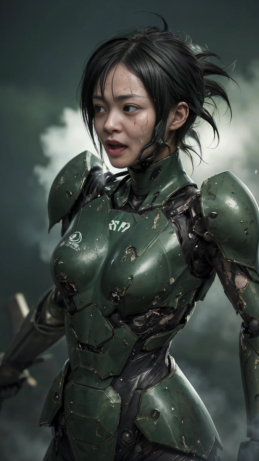 , Advanced Details, high quality, 最high quality, High resolution, 1080P 、Bleeding from the wound、Sexy Eyes、Wearing green and black、cute((The whole body is sweating))(Equipped with a damaged battle suit....)(Dark green armor)(Broken Armor)Black Hair、Chiquita、short hair、Open your mouth、Crying expression、It hurts again、Healthy Skin、20-year-old female　defeat　(Steam coming out of the face) ((Steam from the body)) 　Unable to fight　Severe attacks　((Sinking to the ground)) Ground cracking　Headgear is broken.　)) flying debris　bare hands　Armor Stripping　Sweaty Head　Sweaty face　Sweat flying　Headgear explodes　(Does not expose skin at all)