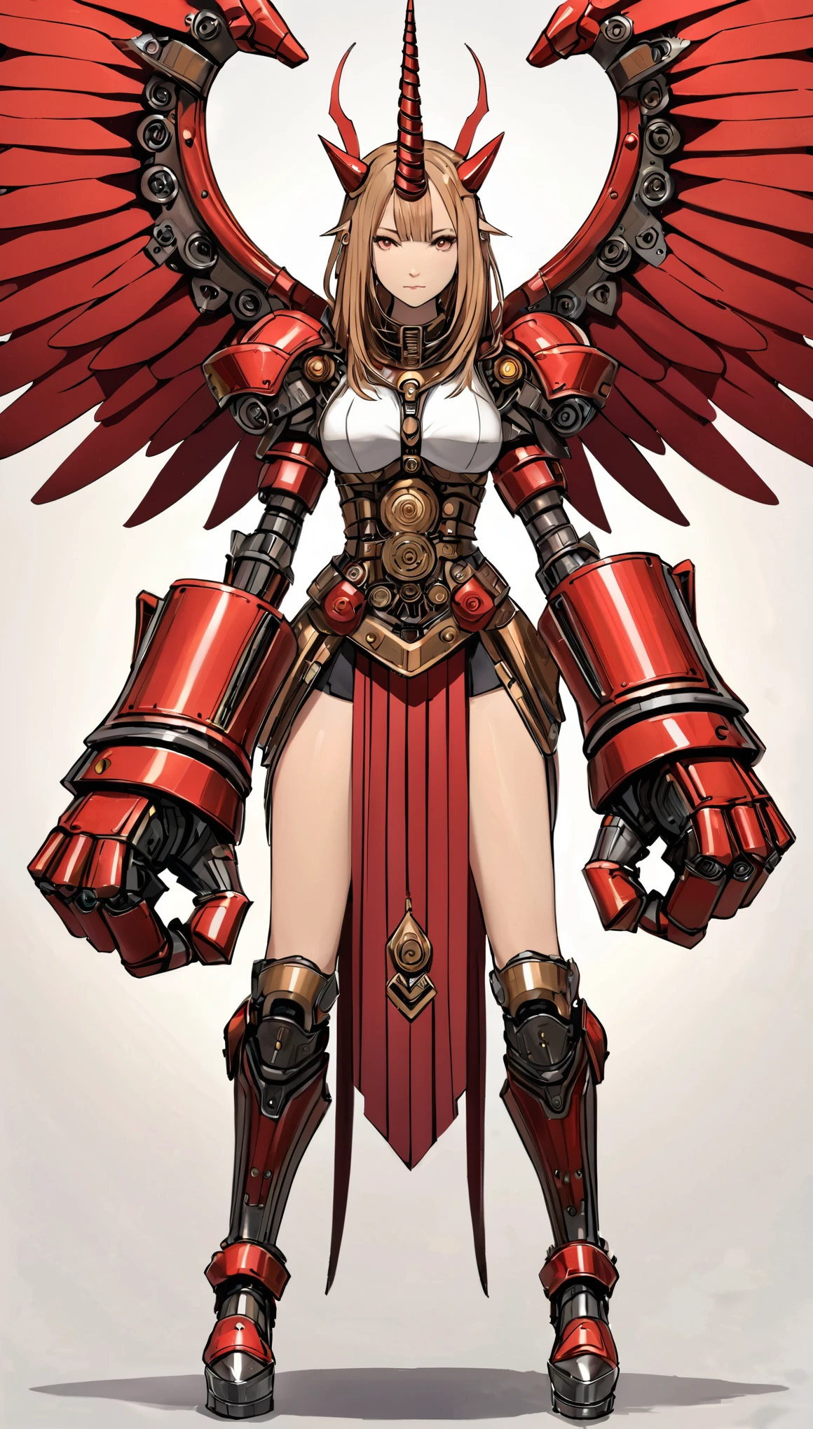 unicorn horn,metal spiral sharp corners,in style of Santiago Caruso,
huge mechanical angel wings,mechanical_halo,1 girl,mechanical wrist,mechanical skirt with pleated skirt,(huge makeover mechanical fists:1.5),the fist flashed red,