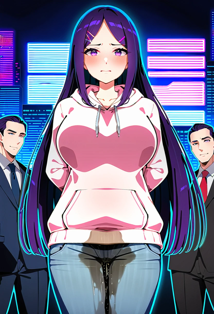 (masterpiece:1.37), best quality, (extremely detailed:1.37), woman, (mature:1.5), (adult:1.5), large breasts, very long hair, (straight hair:1.5), dark purple hair, purple eyes, (extremely detailed eyes:1.37), hoodie, jeans, desperation, (wetting self:2.0), standing, embarrassed, humiliation, blushing, angry, city, futuristic, neon lighting, high-tech, street