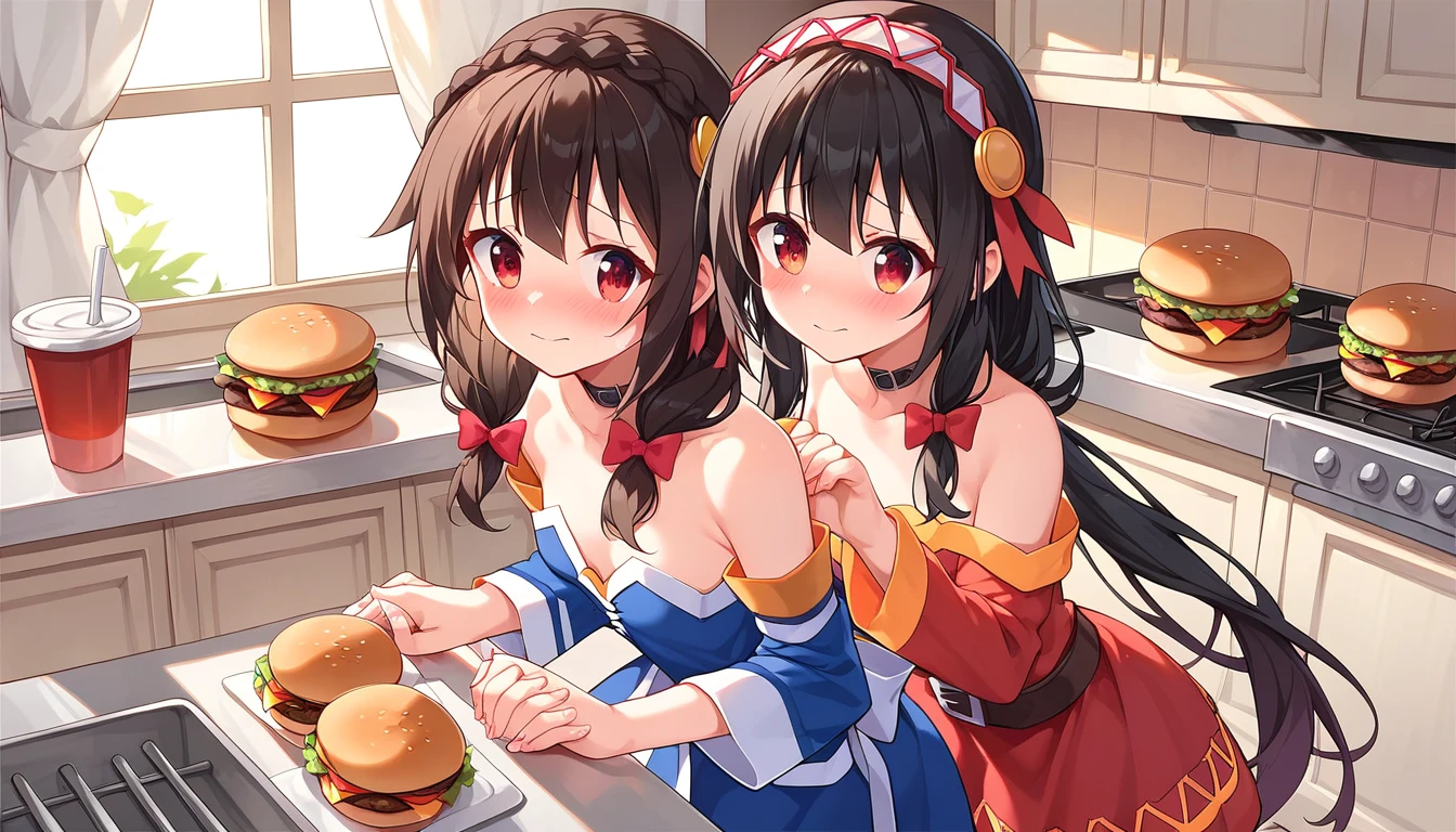 ((2girls:1.3)), ((moe style:1.3)), ((kitchen:1.3)), medium full shot, holding hands, ((hamburger:1.3)), ((black hair:1.3)), megumin (konosuba), yunyun (konosuba), ((shy:1.3)), blush, ((perfect face)), ((extremely cute:1.3)), ((masterpiece:1.3)), ((8k)), ((best quality:1.3)), ((beautiful)), ((extremely detailed:1.3)) , ((absurdres)), AddXL, ((score_9:1.3)), ((score_8_up:1.3)), ((score_7_up:1.3)), Expressiveh
