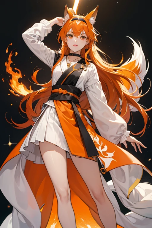 Volpina wears an orange mask with black edges, and her hairbands are black. On top of her head, two fake orange ears with white and black insides are attached. The top of her hair is black and then quickly ombrés down to light brown with the tips of her hair being white. She also has orange lipstick, and her eyes remain hazel. The necklace with a foxtail hanging off of it is worn around her neck. She wears an orange jumpsuit with a white section going down the front. Wrapped around her waist is an orange sash that looks like a foxtail. The edges of her collar and the tops of her upper arms have black lines, and her forearms and lower legs are solid black, with the soles of her feet being white with an orange fox foot printed on each. Her weapon is a replica of the flute. SPARKLE; GLITTER