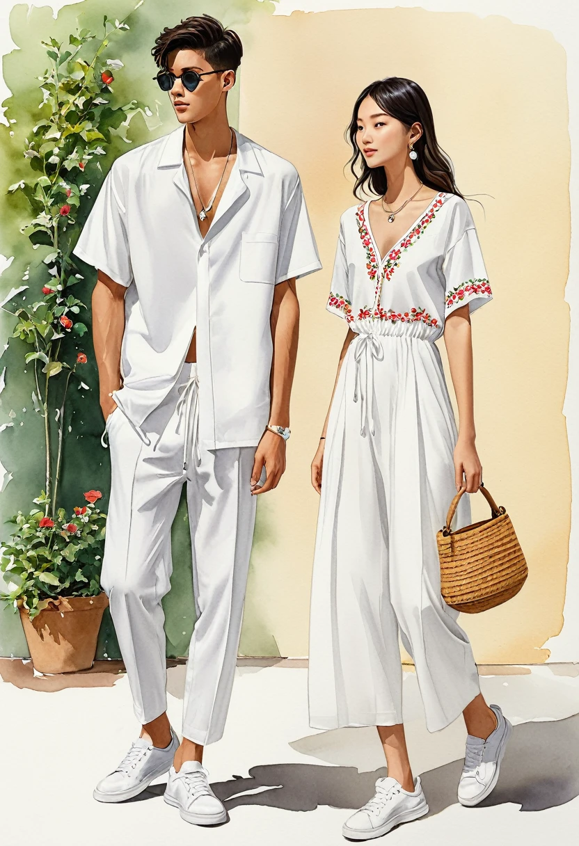 candid fashion illustration of young Asian man and woman, both aged 20 year old, ((showcase fashion look book in a White rayon outfits)), inspired by rose garden, in elegant young chic bohemian style. The man wears an oversized short-sleeved bowling white shirt with a minimal embroidery details, paired with relaxed-fit white Sports pants with Drawstring, He completes his look with white sneakers, round glasses. The woman complements him in a white Ankle-length dress in cotton woven fabric, open neckline, Smocked sections details to creating gathers effect, Her ensemble includes an accessorizes with a brimmed straw bag, pom-pom necklace and white sneakers and necklace. Captured in a low angle, ((full-body image)), ((light water color background)), sketching, realistic drawing, ((imperfect water color drawing)), fashion look book, fashion illustrator, sketch design, Jacquemus, Paris,