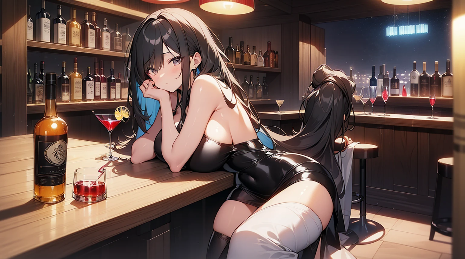 A y woman 36 years old,Thick hair, Dark good asslim, attractive, attractive appearance; Always without underwear; Big bl Long eyelashes,Timid expression; Big, bouncy natural breasts; Sexy Sdycon Offoulder Mini Dress; Strike a pose, sit on the chair,holding mug,counter,pub,(Fashion bar) indoors, ((Cocktail Glass) Full of cful wine), (dimly light room), Wine Bottle, Detailed background，Fluffy hair，((((Night scene background))))), (((at the bar))), wine, whiskey, High ball,(Shiny and glowing, Effect:1.2)