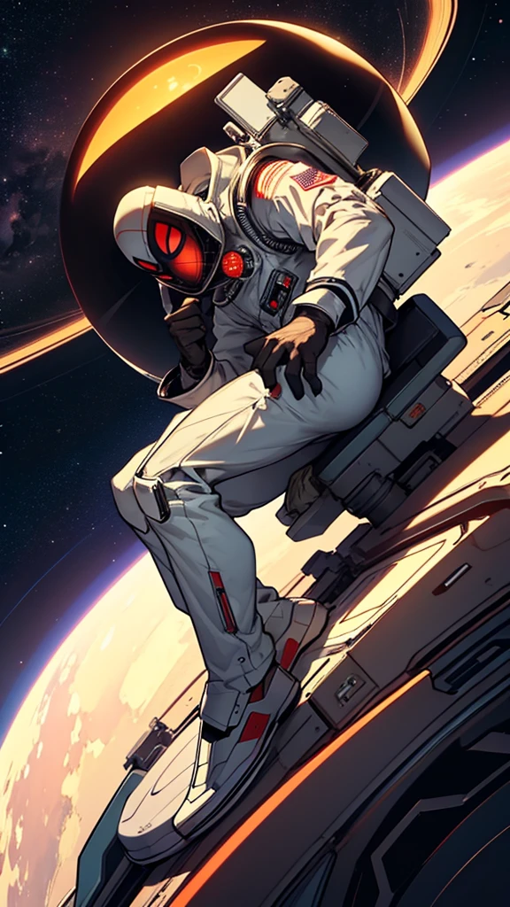 An anthropomorphic spider astronaut with spider legs in his back, looking at earth, on top of a spaceships that looks like Saturn