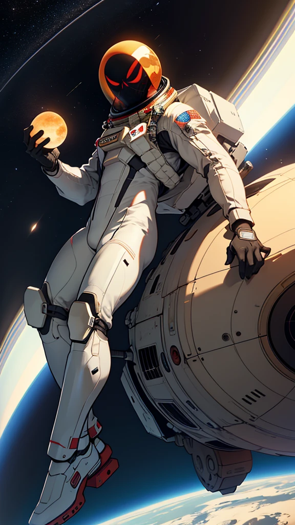 An anthropomorphic spider astronaut with spider legs in his back, looking at earth, on top of a spaceships that looks like Saturn