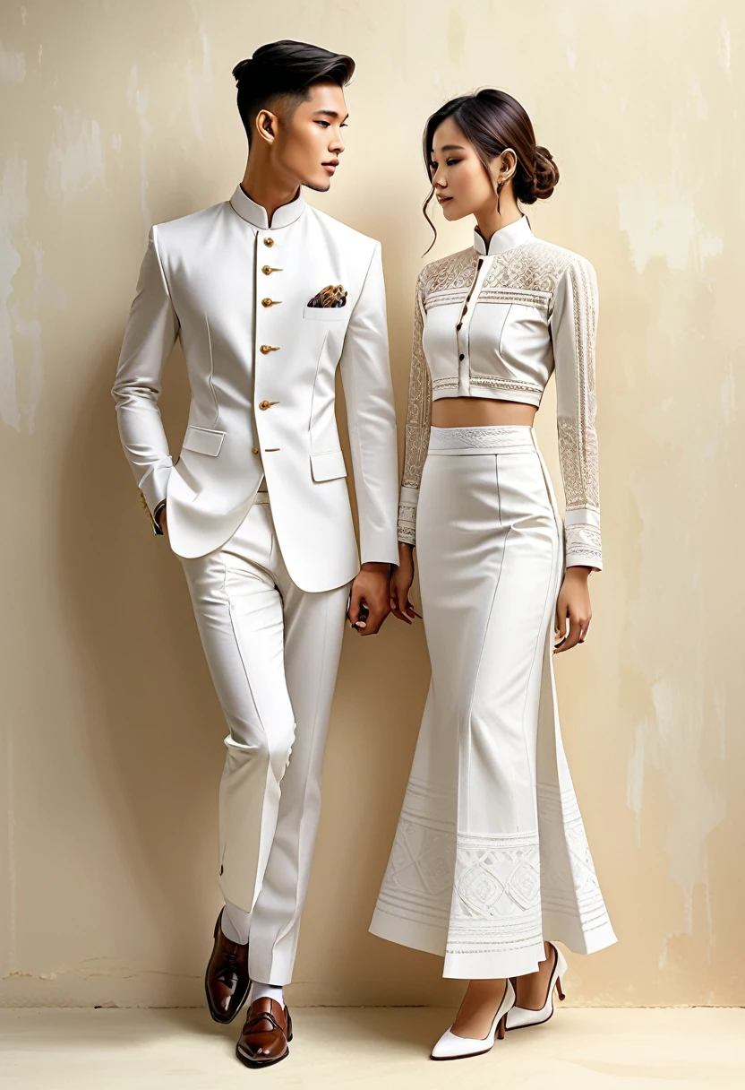 candid fashion illustration of two young man and women, 20-27 year old, adorned in a meticulously crafted North Thai traditional outfits, Lampang, ((showcase fashion Lanna style in cotton handwoven all in white)), simple elegant style, The man wears a simple long-sleeved white mandarin collar suit, paired with Tailor pants, and oxford shoes, The woman complements him with ((white tubular skirt)), ankle-length, simple minimal patterns details, fitted intricately decorated blouse that complements the skirt, standing pose, Captured in full-body image, ((imperfect water color background)), sketching, realistic drawing, imperfect water color painting, fashion look book, fashion illustrator, sketch design,