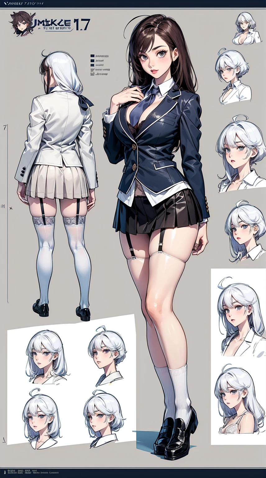 girl, alone, whole body, From head to toe, Are standing, (Huge_chest:1.3),

Character design sheet, Character Reference Sheet, 設計図のSchematic, Drafting, Blueprint, Schematic,
((Character design sheet:1.7, Character Reference Sheet:1.7,)),

anime/cartoon character wearing a girls , 1girl, alone, Thigh-high socks, blazer burezaa (blazer), Ahoge, Long Hair, bow, , shoes, loafers, ribbon, (Very short skirt:1.4), (panties:1.5),, (Good:1.5),In underwear:1.5,nsfw