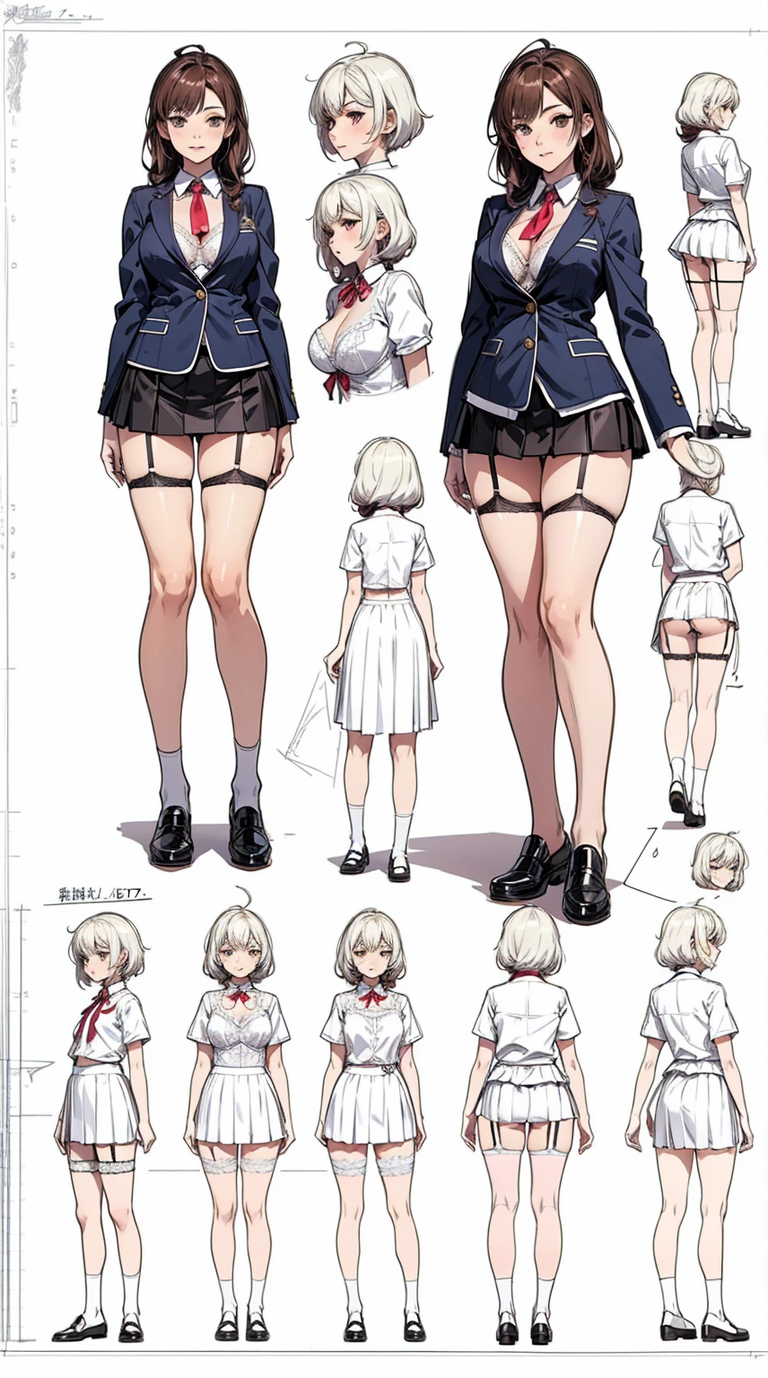 girl, alone, whole body, From head to toe, Are standing, (Huge_chest:1.3),
Character design sheet, Character Reference Sheet, 設計図のSchematic, Drafting, Blueprint, Schematic,
((Character design sheet:1.7, Character Reference Sheet:1.7,)),
anime/cartoon character wearing a girls , 1girl, alone, Thigh-high socks, blazer burezaa (blazer), Ahoge, Long Hair, bow, , shoes, loafers, ribbon, (Very short skirt:1.4), (lingerie:1.5),