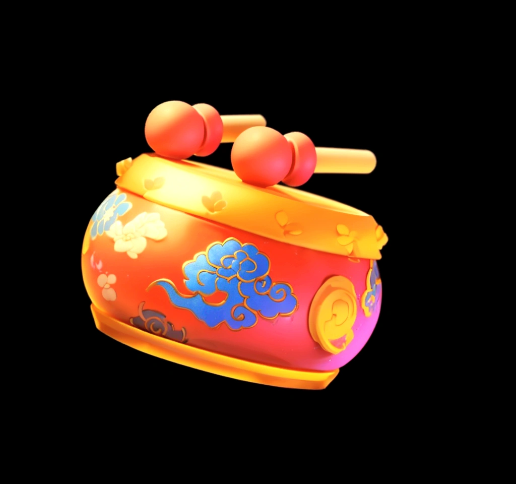 一个中国drum，There are two wooden sticks on it, Object Art, Musical Instruments, 3d icons for mobile games, video game item, Role Playing Game Items render, drum, Inspired by Pu Hua, 3d游戏对象, 手drum, detailed picture, Role Playing Game Items, official art works, 3d，Ultra Detailed，HD，8K