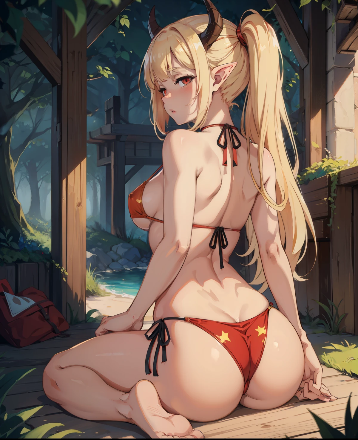Demon girl, elf ears, blonde, red eyes, demon horns, ((long ponytail, long bangs, golden hair)), glow aura, natural light, realistic skin, realistic light shading, smileglow aura, sexy, hot, (microbikini, tight bikini, straps), (back view, small waist), soft ass, ass view, cute, natural body light , (shy, blushing), fantasy girl, in a magical forest, sexy pose, sexy look, juicy lips, high detailed art, masterpiece, golden proportion, golden ratio, (strap bikini), lewd expression, perfect face, ero, red eyes