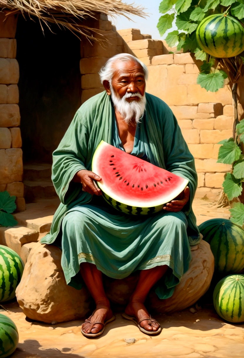 Ancient Paintings，An old man sits on a stone beside a rural path，Watermelon in hand,, ，（Fat and big bare belly）Solid color background