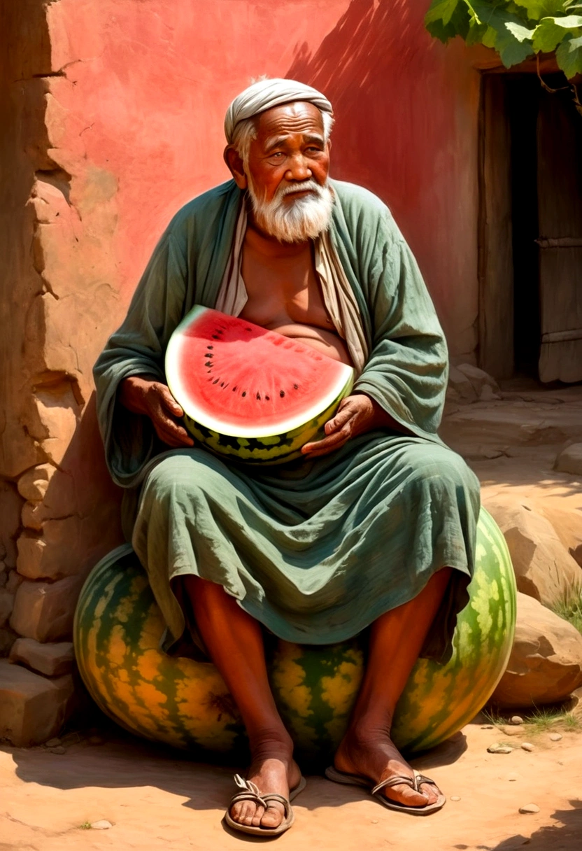 Ancient Paintings,An old man sits on a stone beside a rural path,Watermelon in hand,, ,(Fat and big bare belly)Solid color background