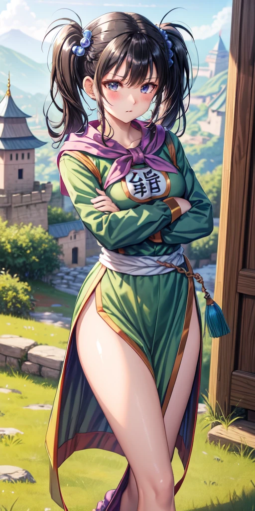 masterpiece, best quality, 4k, 8k, fighter (dq3), 1girl, solo, long hair, twintails, looking at viewer, black hair, hair ornament, long sleeves, dress, medium breasts, closed mouth, cowboy shot, black eyes, chinese clothes, hair bobbles, clenched hand, crossed arms, Feet Apart, Ancient Castle