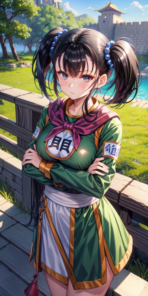 masterpiece, best quality, 4k, 8k, fighter (dq3), 1girl, solo, long hair, twintails, looking at viewer, black hair, hair ornament, long sleeves, dress, medium breasts, closed mouth, cowboy shot, black eyes, chinese clothes, hair bobbles, clenched hand, crossed arms, Feet Apart, Ancient Castle