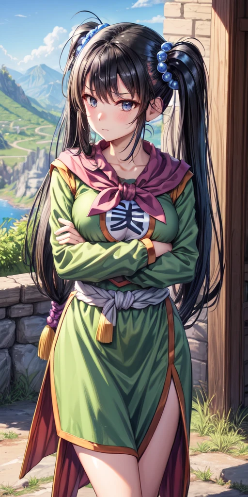 masterpiece, best quality, 4k, 8k, fighter (dq3), 1girl, solo, long hair, twintails, looking at viewer, black hair, hair ornament, long sleeves, dress, medium breasts, closed mouth, cowboy shot, black eyes, chinese clothes, hair bobbles, clenched hand, crossed arms, Feet Apart, Ancient Castle