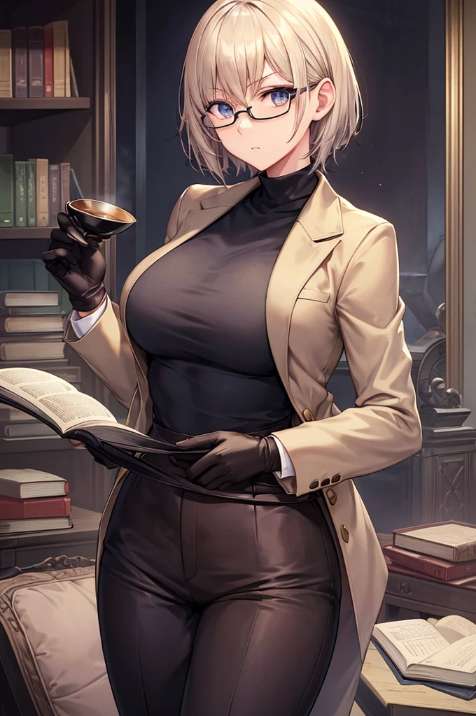 books lying around, cream hair, tall, square glasses, black turtleneck, a beige two-button blazer, dark navy-blue pants, and a pair black gloves, looking at viewer, slightly short hair, female, slim, stern expression, short sword with a metal handle wrapped in leather bindings on her waist, standing, holding a cup of tea