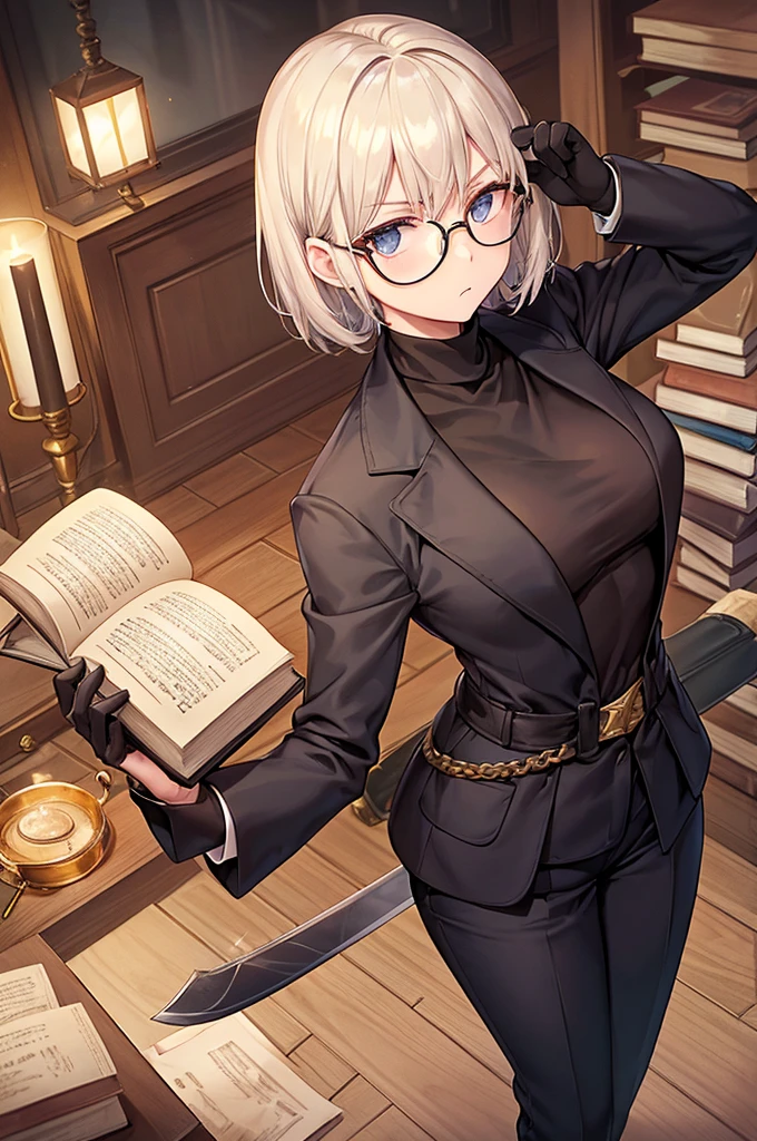 books lying around, cream hair, tall, square glasses, black turtleneck, a beige two-button blazer, dark navy-blue pants, and a pair black gloves, looking at viewer, slightly short hair, female, slim, stern expression, short sword with a metal handle wrapped in leather bindings on her waist, standing, holding a cup of tea