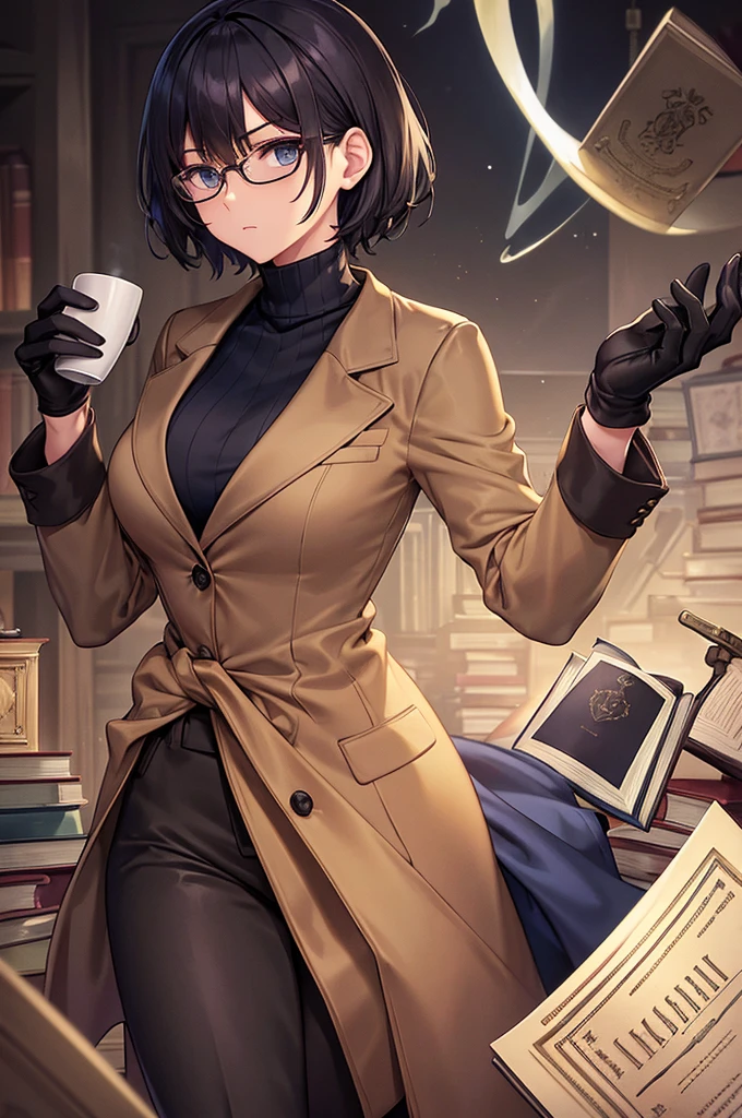 books lying around, cream hair, tall, square glasses, black turtleneck, a beige two-button blazer, dark navy-blue pants, and a pair black gloves, looking at viewer, slightly short hair, female, slim, stern expression, short sword with a metal handle wrapped in leather bindings on her waist, standing, holding a cup of tea