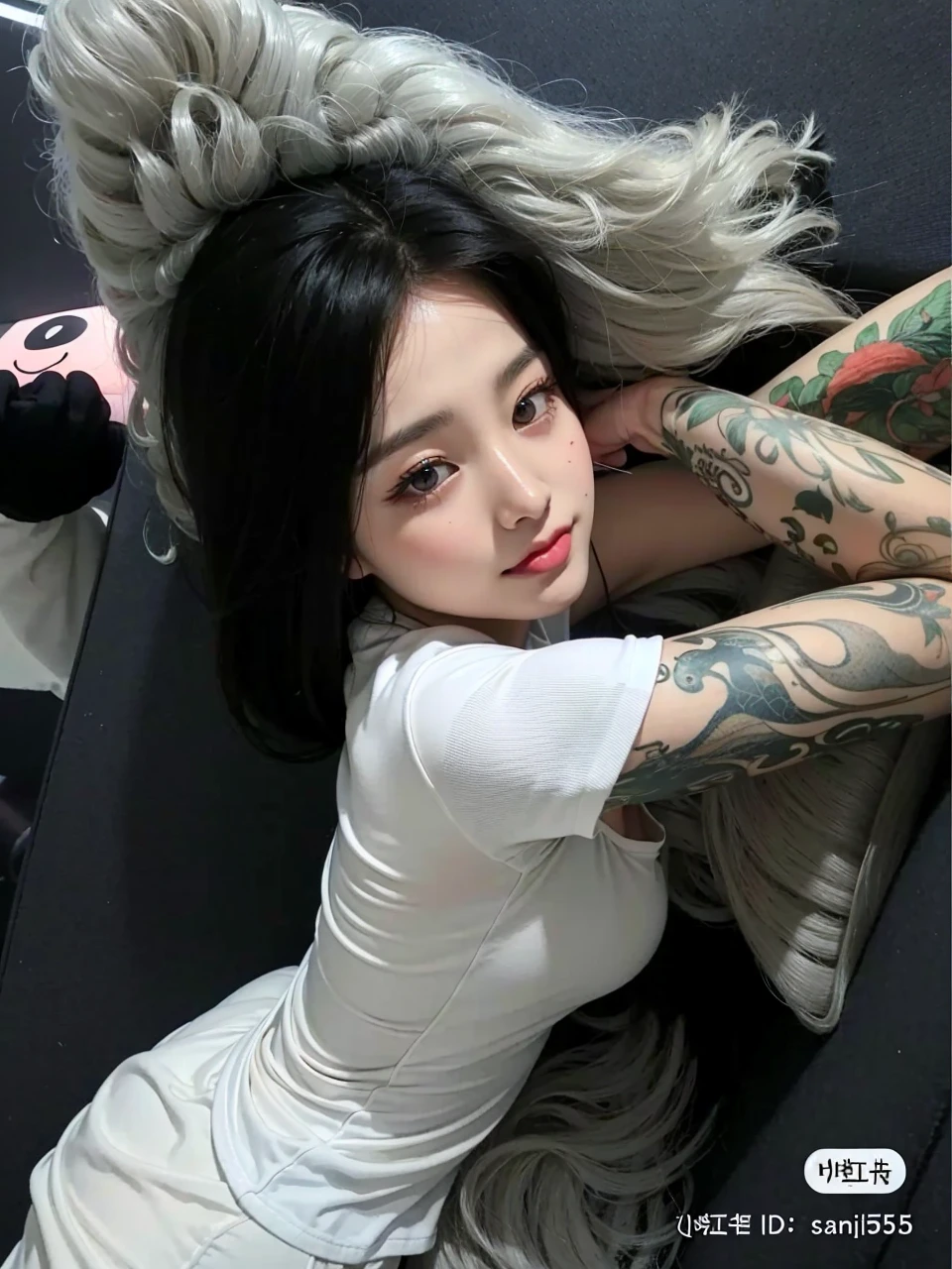 Woman with tattoos on arms and legs lying on a bed, de taiwanesa com tatuagens, gorgeous chinese model, Trend in CGTacing:, trending at cgstation, Meninasa, Coberto, cute face with arms and legs, em roupas brancas, posando na cama, Xianxia de corpo inteiro, pale milky white porcelain skin, Wenfei Ye, Beautiful Asian girl