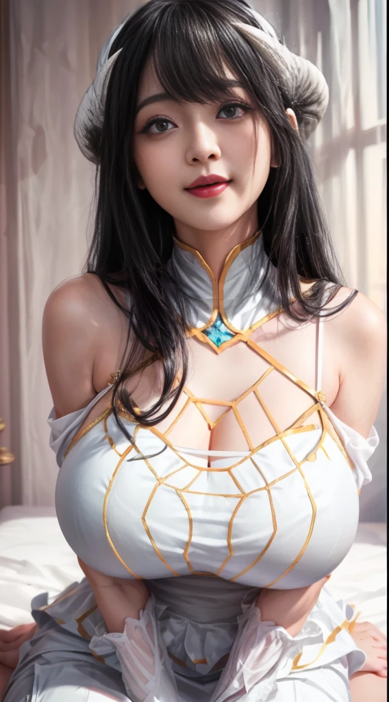 (((albedo \(the good\), white horns, demonic horns, Pupil of the slit,White dress, long skirt,Black wings, Feathered wings,black color hair,Golden pupils,Fashionab))),((tmasterpiece)),A high resolution, ((Best quality at best)),tmasterpiece,top-quality,Best quality,((( exquisite facial features,looking at viewert,There is light in the eyes,Smilingly,Self-confident ))),(((Light and shadow interlace,huge boob,Lop,Protruding nipples))),(((araf asian woman posing, Looking up from the bottom,face flushed,an sexy,sit on a bed,with her mouth open、Put your arms behind your head、)), horns