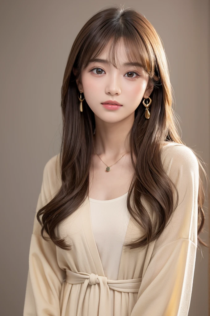 ((Highest quality, 8K, masterpiece:1.3)), concentrate: 1.2, Perfect body beauty: 1.4, Hips: 1.2, ((Long Hair, chest: 1.2)), (Dry clothes: 1.1) , (clear, Simple Background:1.3), Simple clothes: 1.1, Highly detailed face and skin texture,Delicate eyes, double eyelid, Whitened skin, Rough skin、Long Hair、Earrings with bangs、necklace、 solo、Beige coat、White shirt, (((Beautiful girl with cute Japan)))、 ((Beautiful Japanese girl 20 years old))、 ((Baby Face))、 (((Slender body)))、 Upper Body,Face focus、necklace,Simple Background,From above, Realistic Hair、 A photograph was taken:Canon EOS R6、135mm、1/1250 seconds、f2.8、ISO400、(Detailed explanation of the hand)、(Masseter muscle area)、(Exquisite CG)、Long Hair, loose and curly hair、Korean Hair、Long Hair明るいベージュ色、グラデーションハイライトグレージュのゆるふわLong Hairスタイル、