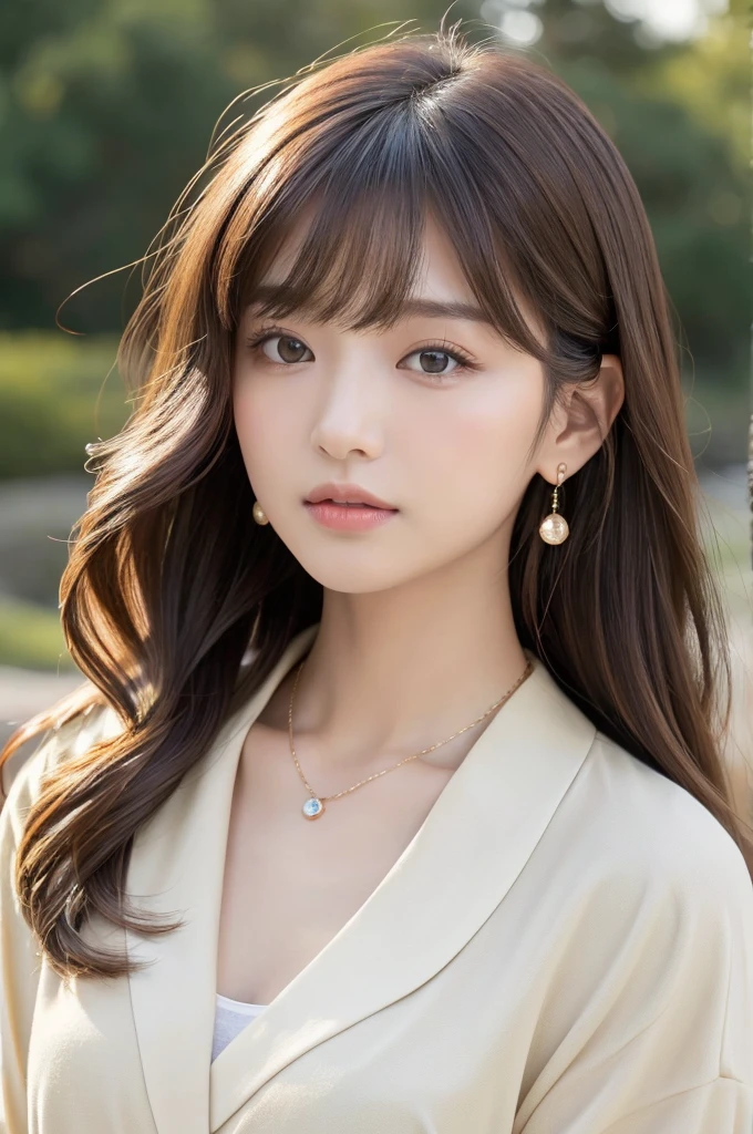  ((Highest quality, 8K, masterpiece:1.3)), concentrate: 1.2, Perfect body beauty: 1.4, Hips: 1.2, ((Long Hair, chest: 1.2)), (Dry clothes: 1.1) , (clear, Simple Background:1.3), Simple clothes: 1.1, Highly detailed face and skin texture,Delicate eyes, double eyelid, Whitened skin, Rough skin、Long Hair、Earrings with bangs、necklace、 solo、Beige coat、White shirt,  (((Beautiful girl with cute Japan)))、  ((Beautiful Japanese girl 20 years old))、 ((Baby Face))、 (((Slender body)))、  Upper Body，Face focus、necklace，Simple Background，From above， Realistic Hair、 A photograph was taken:Canon EOS R6、135mm、1/1250 seconds、f2.8、ISO400、(Detailed explanation of the hand)、(Masseter muscle area)、(Exquisite CG)、Long Hair, loose and curly hair、Korean Hair、Long Hair明るいベージュ色、グラデーションハイライトグレージュのゆるふわLong Hairスタイル、