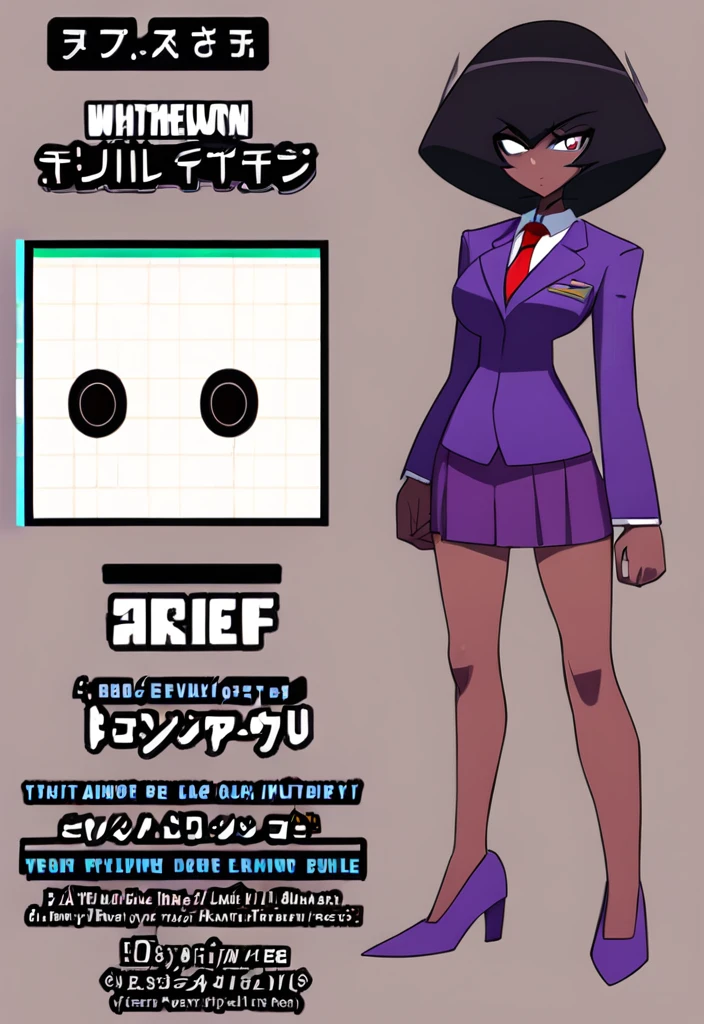 Make a evil military black anime woman in a purple skirt suit witha tie on full body 