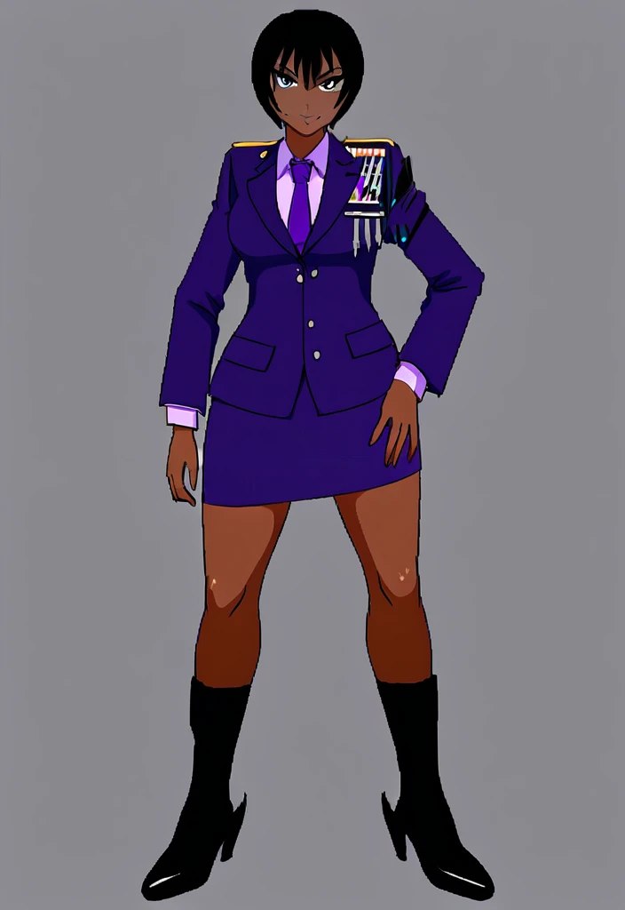 Make a evil military black anime woman in a purple skirt suit witha tie on full body