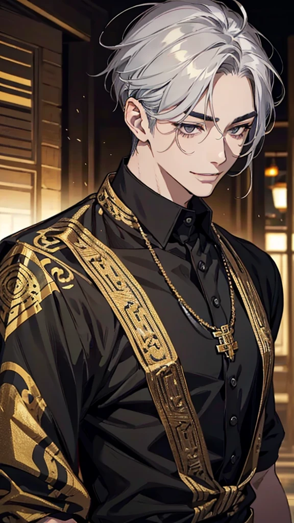 Asian face, young man, black wavy hair, thin eyebrows, slanted eyes, single eyelid, grey eyes, cat eyes, short eyelashes, masculine face, black and gold geometric print shirt, second button open, lip piercing, silver chain necklace, upper body, smiling,