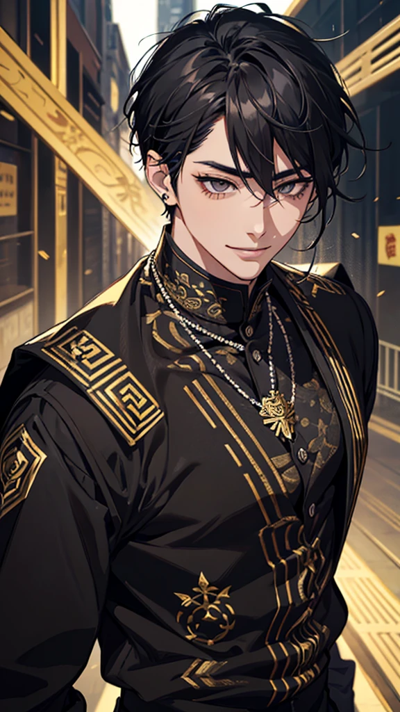 Asian face, young man, black wavy hair, thin eyebrows, slanted eyes, single eyelid, grey eyes, cat eyes, short eyelashes, masculine face, black and gold geometric print shirt, second button open, lip piercing, silver chain necklace, upper body, smiling,