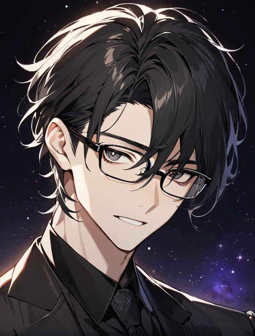 (black_hair), (long_male_hair), (black_eyes), (high_detailed_eyes), (attractive), (emotionless), (Deep_space_background), (male), (wearing _a_black_suit), (long_male_hair), (detailed_Hair), (detailed), (detailed_mouth), (close_up), (vertical_slit_pupils), (Handsome), (glasses)