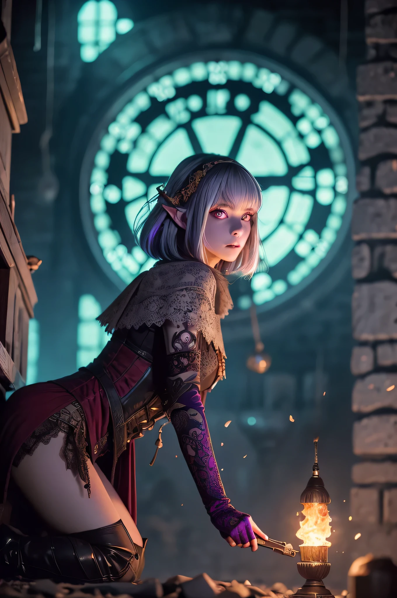 (Ultra-detailed face, looking away), (Fantasy Illustration with Gothic & Ukiyo-e & Comic Art), (A middle-aged dark elf woman with silver hair, blunt bangs, bob cut and dark purple skin, lavender eyes), (She has her goggles shifted to her forehead and is wearing red quilted armor and red boots), BREAK (She is in a dark, abandoned room in a clock tower, her face close to the wall in a daring pose, reaching out and turning a handle in an attempt to solve a puzzle of gears on the wall), BREAK (In the background, we see crumbling clock parts and a snapping, pale, glowing ball floating in the air)