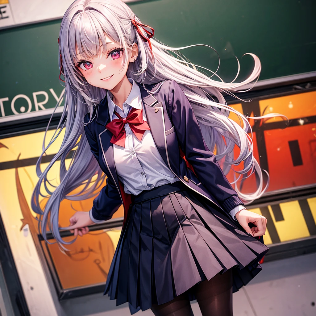 Best Quality,middle School girls,8K,Idol Group,model,smile,Several girls are depicted,Red eyes,Sparkling eyes,cardigan,Purple Uniform, front of the blackboard,beautiful girl,blazer,Beautiful girls,Absurd,Naughty Girls,White mini skirt,tights,Horny girl,Red ribbon