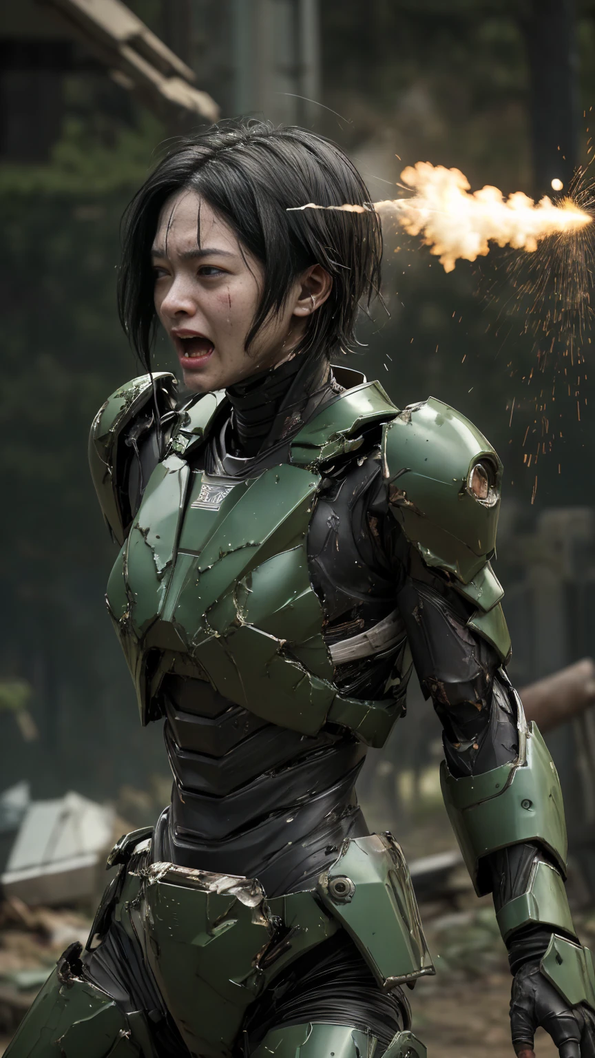 , Advanced Details, high quality, 最high quality, High resolution, 1080P 、Bleeding from the wound、Sexy Eyes、Wearing green and black、cute((The whole body is sweating))(Equipped with a damaged battle suit....)(Dark green armor)(Broken Armor)Black Hair、Chiquita、short hair、Open your mouth、Crying expression、It hurts again、Healthy Skin、20-year-old female　defeat　(Steam coming out of the face) ((Steam from the body)) 　Unable to fight　Severe attacks　((Sinking to the ground)) Ground cracking　Headgear is broken.　)) flying debris　bare hands　Armor Stripping　Sweaty Head　Sweaty face　Sweat flying　Headgear explodes　(Does not expose skin at all)