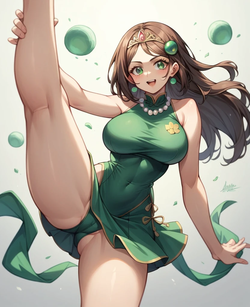 NSFW,Green cheongsam with slits,One Woman, 27 years old, 28 years old, whole body,Full Art,Big Breasts,Cute Liane, Gold Tiara, Pearl Necklace, Brown Hair,Green eyes,Jade hairpin,Skirt flipped up by the wind,Black color Micro pantie,Kicking movement