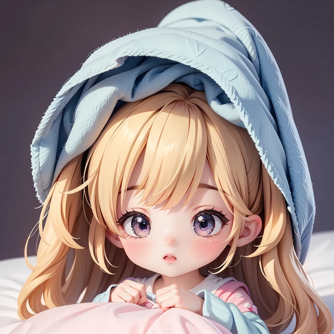  Super Chibi Character：1.8、background：simple、Blonde Hair、Cute 7  girl、pink cinderella dress、On the bed、Sleeping with eyes closed