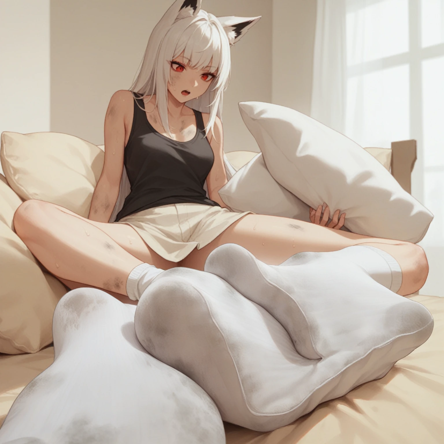 1 girl,dirty,foot,foot底,Red Eyes,,Long hair,White hair,,foot趾,foot部焦点,Looking at the audience,sit,Sweat,open mouth,dirty foot,Keep,indoor,Pillow,Bangs,White knee socks,Fox ears,There'foot的泥土,White clothes,kimono,Japanese style,dirtyPillow,dirty床,女孩周围堆满Pillow,女孩踩踏2着Pillow,大量Pillow,Pillow上肮脏,,(Deluxe Rococo Canopy King Bed),On a big and spacious bed,(),,,,Luxurious curtains with ornate ruffles and ribbons surround the bed,((((There are many pillows piled on the bed)))),Detail of Quilt,Detailed bed sheets