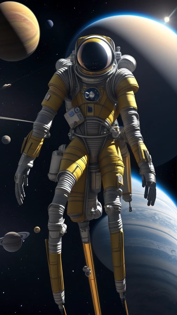 An anthropomorphic spider astronaut with spider legs in his back, looking at earth, on top of a spaceships that looks like Saturn