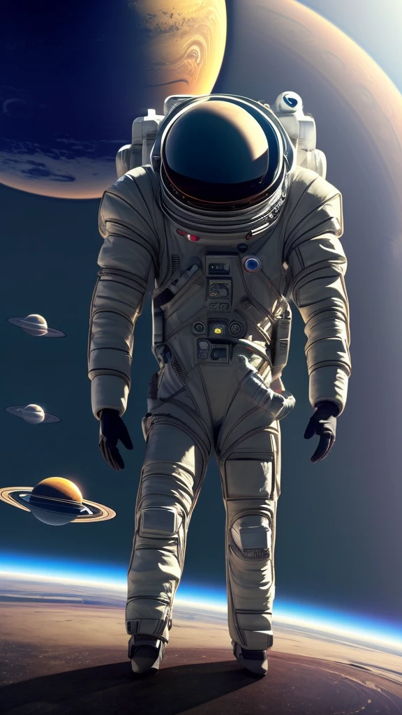 An anthropomorphic spider astronaut with spider legs in his back, looking at earth, on top of a spaceships that looks like Saturn