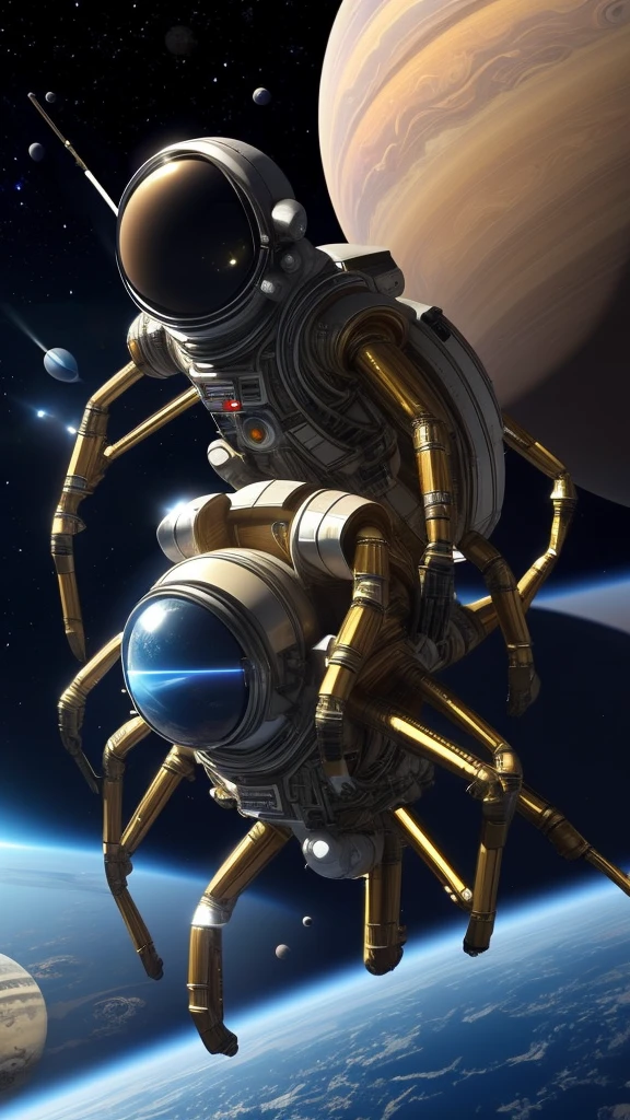 An anthropomorphic spider astronaut with spider legs in his back, looking at earth, on top of a spaceships that looks like Saturn