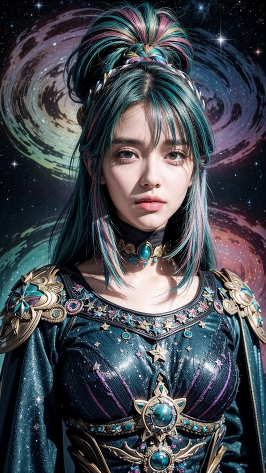 A woman with rainbow hair and elaborate teal armor, permanent, Rainbow colored cosmic nebula background, Star, galaxy, Intricate details, Perfect face